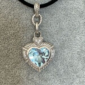 Judith Ripka Blue Topaz Diamond 925 Silver Heart Pendant Medallion Necklace